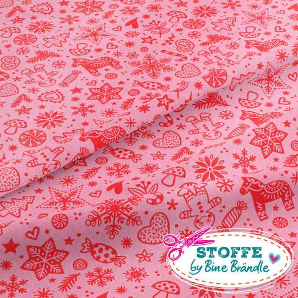 Bine Brändle Jersey Weihnachtsdingelchen rosa-rot 0,5 m x 155 cm 