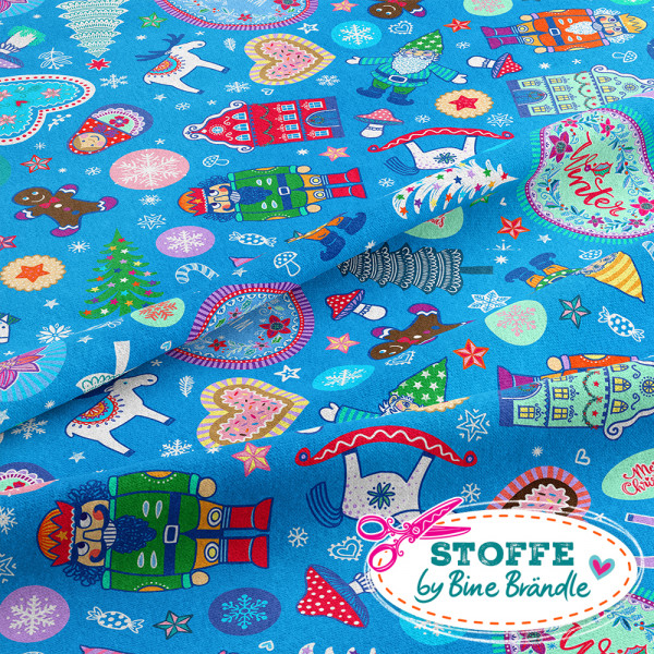 Bine Brändle Jersey "Fröhliche Weihnachten blau" 0,5m x 155 cm Weihnachtsstoff
