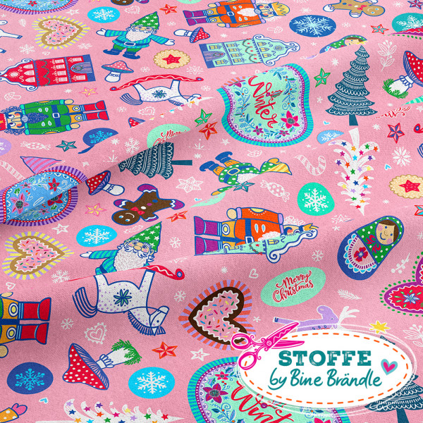 Bine Brändle Jersey  "Fröhliche Weihnachten rosa" 0,5m x 155cm