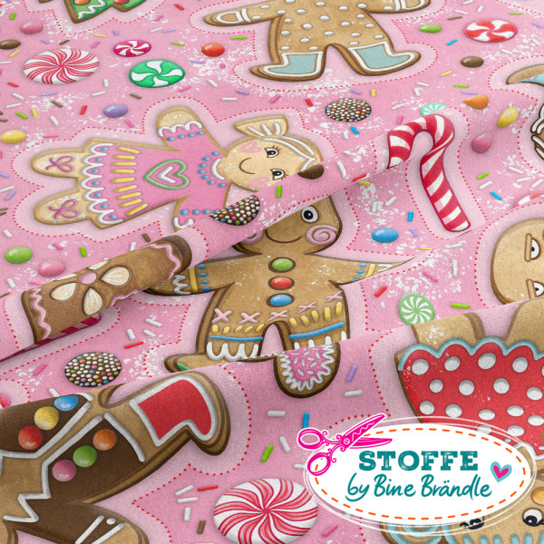Bine Brändle Sommersweat French Terry Lebkuchenmännchen rosa 1 m x 155 cm 