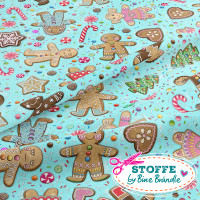 Bine Brändle 100% Baumwolle "Lebkuchenmännchen eisblau klein" 0,5m x 155cm Bine Brändle 100% Baumwolle "Lebkuchenmännchen eisblau klein" 0,5m x 155cm