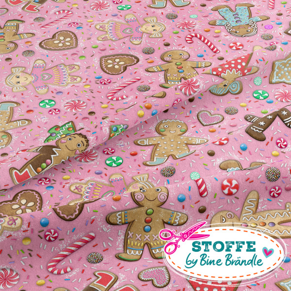 Bine Brändle Jersey Weihnachten "Lebkuchenmännchen weiß klein" 0,5m x 155 cm 