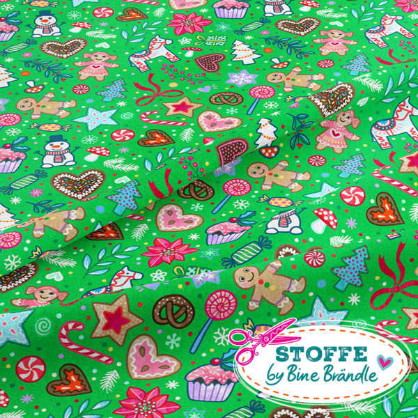 Bine Brändle Jersey "Weihnachtskonfetti grün" 0,5m x 155cm